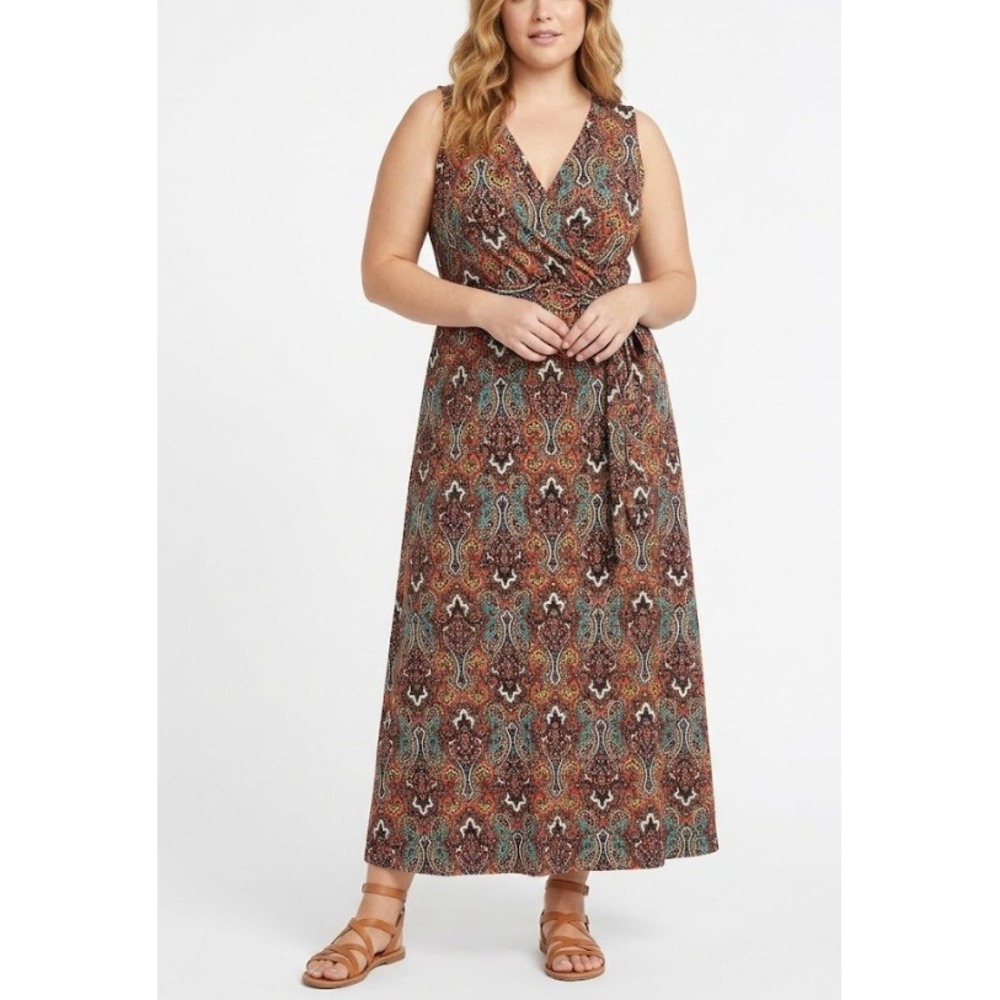Espresso Maxi Dress XL Multicolor Paisley Faux Wrap Sleeveless Stretch Knit Boho